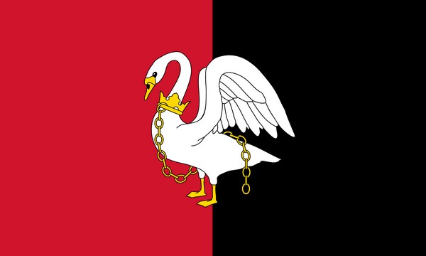 the flag of Buckinghamshire which has a large white bird on it with a red and white background
